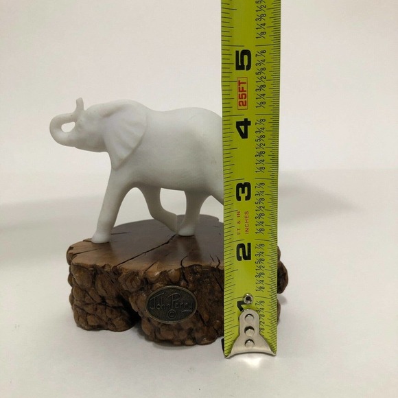 John Perry White Elephant On Natural Burl Wood Sculpture Figure Figurine Vintage - Picture 4 of 12